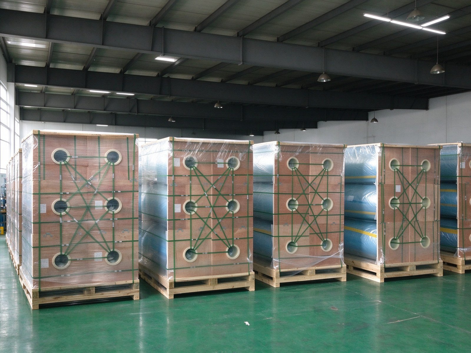 Nylon film rolls on export pallets wrapped in aluminium foil moisture barrier, corner boards and strapping